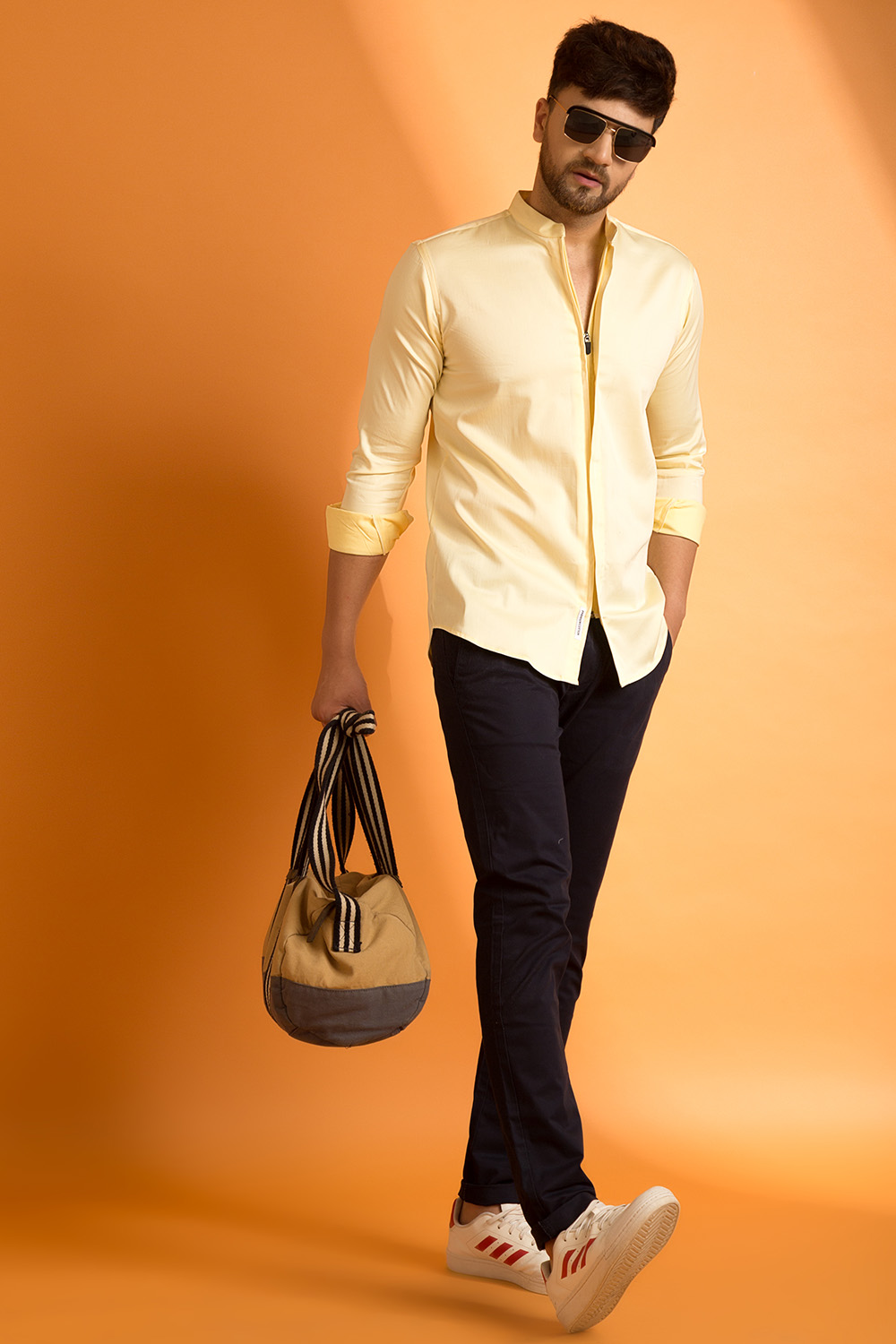 Mculine Men Lemon Color Zipper Casual Shirt